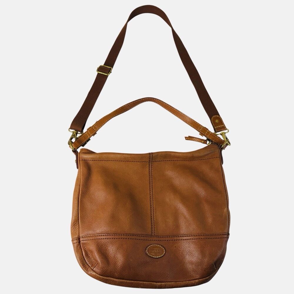 Fossil Authentic Brown Pebbled Leather Crossbody Shoulder Bag Brass Hardware